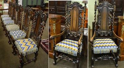 Lot 1254 - A set of eight 17th century style oak chairs including two carvers