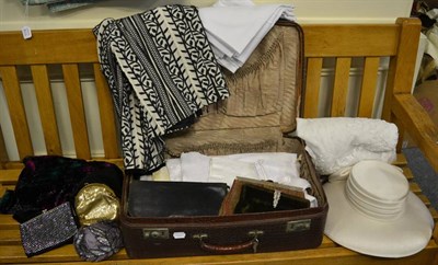 Lot 1311 - Assorted white linen and textiles, bedspread, Wallis black and cream jacket, Frank Usher velvet...