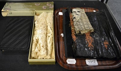 Lot 1312 - A 1920's beaded purse, black frilled edge wallet, lace collar, a further lace piece and an...