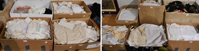 Lot 1319 - Ten boxes of assorted white linens, embroidered and crochet edged textiles, costume etc