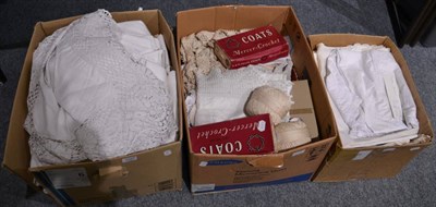 Lot 1327 - Assorted white linen, cotton cloths, thread, crochet edged cloths and other items (three boxes)