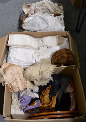 Lot 1330 - Assorted white cotton baby and childrens gowns, bonnets, white linen, textiles, furs and...