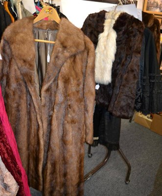 Lot 1349 - Coney fur brown short jacket, cream faux fur scarf, three quarter length fur coat (3)