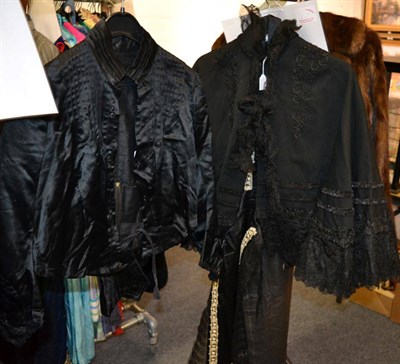 Lot 1350 - Victorian black silk fitted bodice with pleated details; black wool capelet with applique trims and