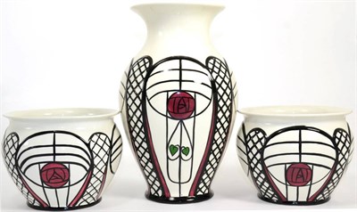 Lot 39 - A pair of Lorna Bailey Old Ellgreave pottery Charles Rennie Mackintosh planters and a matching vase