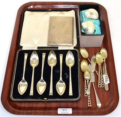 Lot 51 - A set of six Art Deco silver grapefruit spoons, Sheffield 1937; and engine turned cigarette...