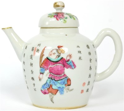 Lot 65 - A Chinese famille rose porcelain teapot, decorated with figures and calligraphy
