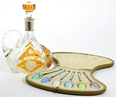 Lot 75 - A Bohemian glass amber overlay decanter and stopper with silver collar stamped 800; also a set...