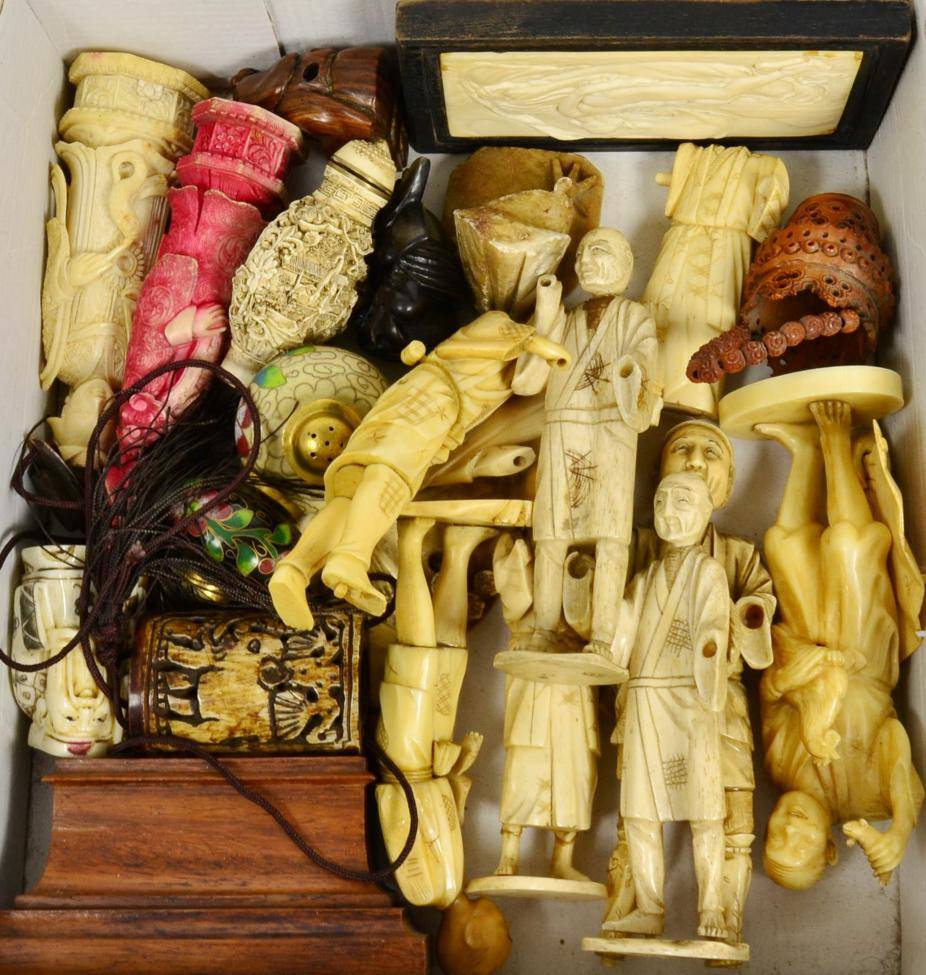 Lot 86 - A mixed box of late 19th century ivory okimonos, two chess pieces, two small cloisonne pieces, etc
