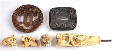 Lot 103 - A mixed box of three late 19th/early 20th century ivory netsuke, two bronze Tsubas and an early...