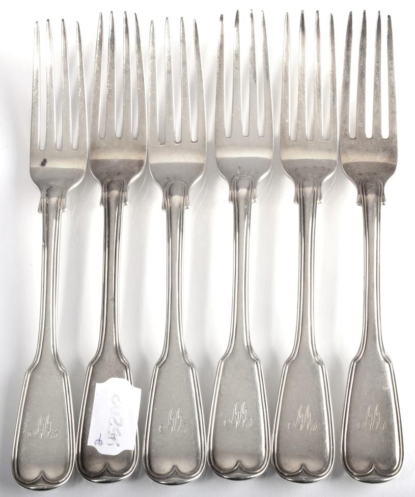 Lot 104 - A set of six George IV silver fiddle and thread pattern table forks, William Chawner, London 1828