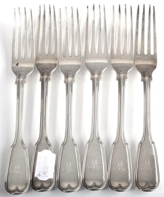 Lot 104 - A set of six George IV silver fiddle and thread pattern table forks, William Chawner, London 1828