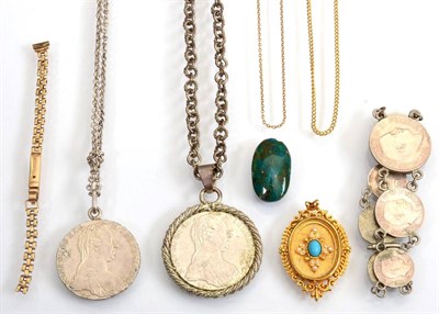 Lot 108 - A belcher chain necklace, length 43cm; a 9 carat gold brick link watch bracelet, a gilt metal...