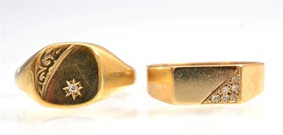 Lot 114 - Two 9 carat gold diamond inset signet rings, finger size U and W