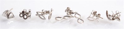 Lot 116 - Two pairs of 18 carat white gold ichthys stud earrings, a pair of drop earrings, stamped '9CT';...