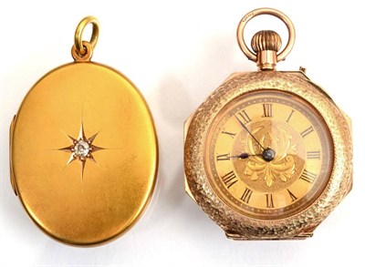 Lot 120 - A lady's 9ct gold enamel fob watch and a single diamond set oval shaped pendant locket stamped...