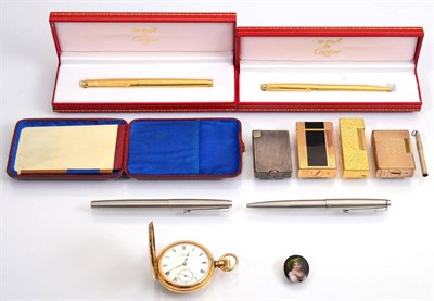Lot 126 - Various cigarette lighters, plated pocket watch, pens, Asprey tooth pick, and other items of...