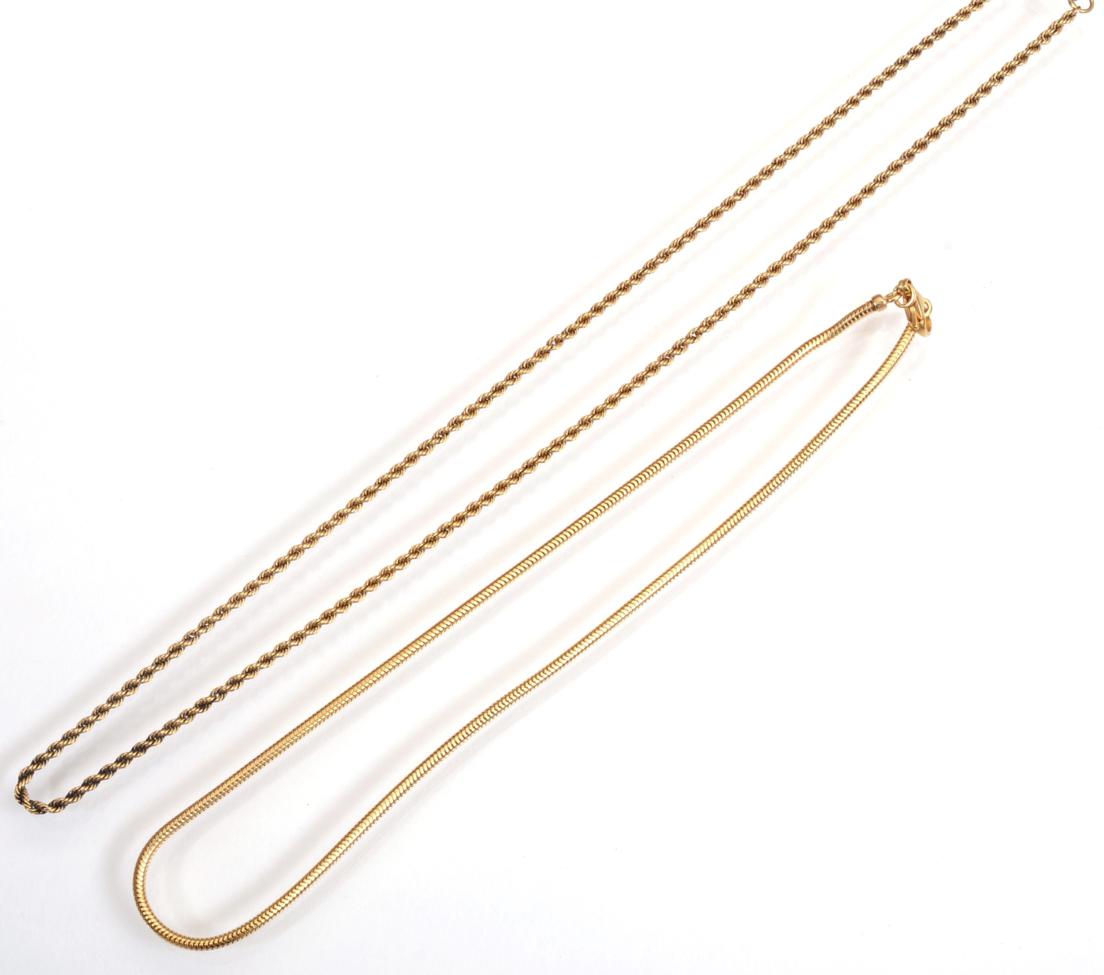 Lot 130 - A 9 carat gold thick snake chain necklace, length 41cm and a 9 carat gold rope chain necklace,...