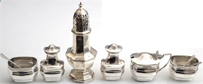 Lot 144 - A five piece silver condiment set, Nathan & Hayes, Chester, 1915; and an octagonal silver...