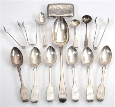 Lot 147 - A set of six fiddle pattern teaspoons; a George III tablespoon; various condiment spoons;...