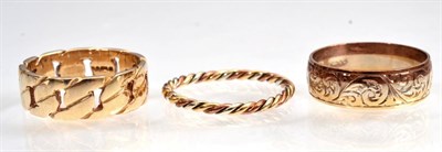Lot 149 - A 9 carat gold cuban link motif band ring, finger size N, a 9 carat three colour gold foliate...