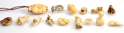 Lot 150 - A group of late 19th/early 20th century ivory comprising of nine netsuke, an ivory inro and...