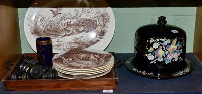 Lot 153 - A pastrol pattern stilton dish; dinner wares printed in brown with amusing animal subjects;...