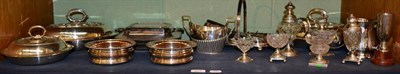 Lot 171 - A quantity of silver plated ware including a pair of bottle coasters, four tureens and covers,...