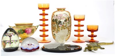 Lot 189 - Three Wedgwood glass candlesticks designed by Ronald Stennett-Wilson; a Japanese Satsuma vase;...