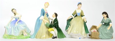 Lot 195 - Four Royal Doulton figures, Giselle HN2139; Cradle Sony HN2246; Elegance HN2264 and The Suitor...