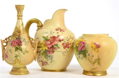 Lot 202 - Three Royal Worcester blush ivory floral decorated ceramic pieces consisting of a jug, a jar (cover