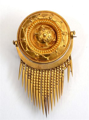 Lot 245 - A Victorian Etruscan revival targe brooch, a domed centre with cannetille decoration with a...