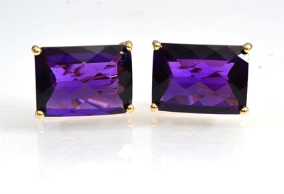 Lot 248 - A pair of 14 carat gold amethyst earrings, rectangular checker-board cut amethyst in claw settings