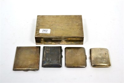 Lot 262 - Four various engine turned silver cigarette cases; and an Art Deco silver cigarette box,...