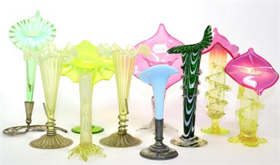 Lot 273 - A group of a Victorian vaseline and other glass Jack in the Pulpit and posy vases