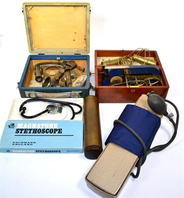 Lot 275 - A mahogany cased electric shock machine; a stethoscope; a blood pressure machine; a modern sextant