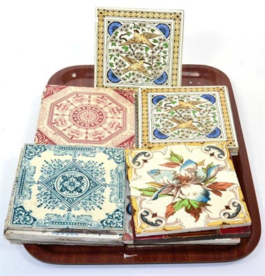 Lot 277 - Five Minton tiles decorated with birds amongst foliage, together with twelve other Victorian...