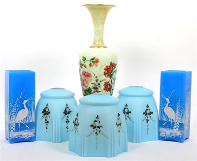 Lot 283 - A pair of blue opaline vases; a painted opaline vase; and a set of three blue shades