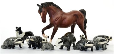 Lot 286 - A Beswick figure of a horse; seven Beswick badgers; a similar unmarked badger and a sheepdog