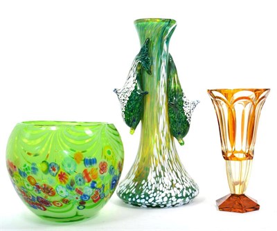 Lot 301 - Two pieces of art glass modelled a multi-coloured green glass bowl and a vase with dolphin handles