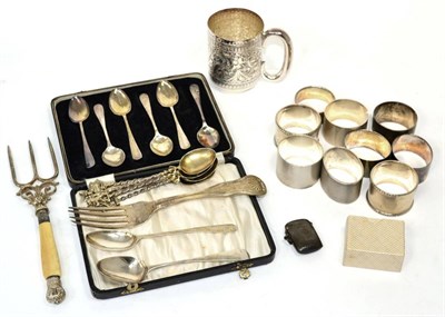 Lot 328 - Nine silver napkin rings, most of a heavy gauge; a George III silver King's pattern table fork;...