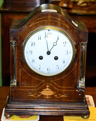 Lot 348 - A mahogany inlaid striking mantel clock, movement back plate stamped Japy Freres