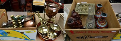 Lot 1005 - A quantity of brass and copper including a samovar, chestnut roasters, pans and candlesticks,...