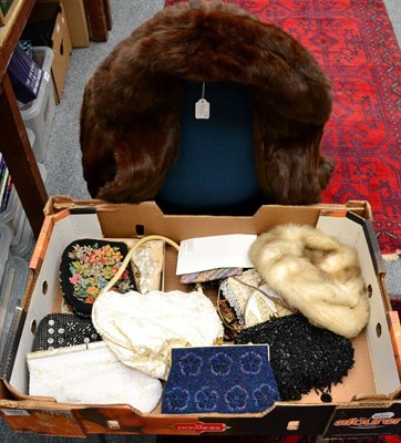 Lot 1007 - Brown squirrel fur coat, a white fur hat, and quantity of assorted modern bead and other...