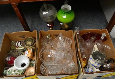 Lot 1031 - A quantity including 19th century ceramics, cut glass, silver plate, two oil lamps, etc