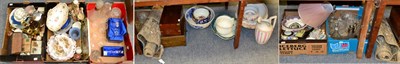 Lot 1041 - A quantity of glass and ceramics, pair of brass candlesticks, cased part canteen of plated cutlery