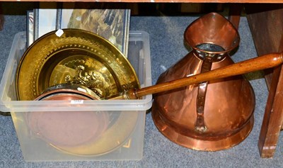 Lot 1042 - A large 19th century copper jug; together with a 19th century bed warmer; a brass embossed tray; H.