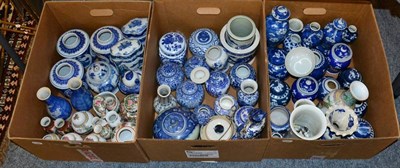 Lot 1059 - Three boxes of Chinese 20th century blue and white ceramics including ginger jars and covers...