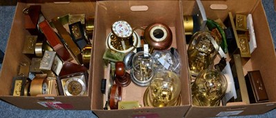 Lot 1060 - Three boxes of various modern clocks including anniversary timepieces in brass frames, green...