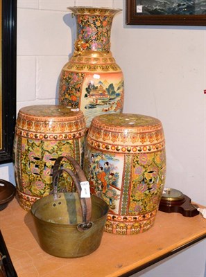 Lot 1064 - A large 20th century Japanese vase and a pair of 20th century Japanese garden seats; two brass...